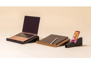  Laptop stand created from a single sheet of recycled paper supports up to 10 pounds — the included cardboard case also serves as a phone stand 