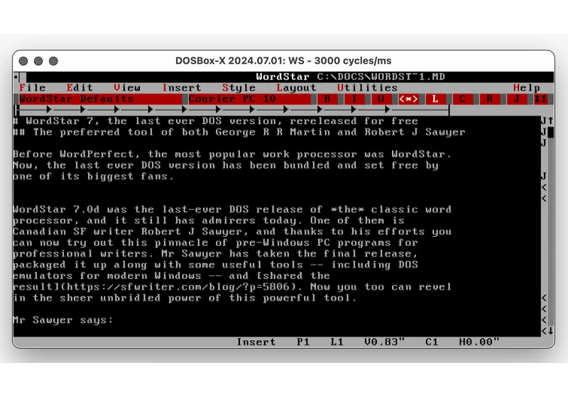 WordStar 7, the last ever DOS version, is re-released for free