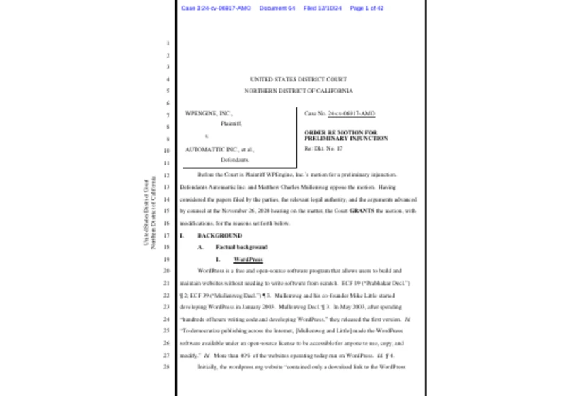 WPEngine, Inc. vs. Automattic– Order on Motion for Preliminary Injunction